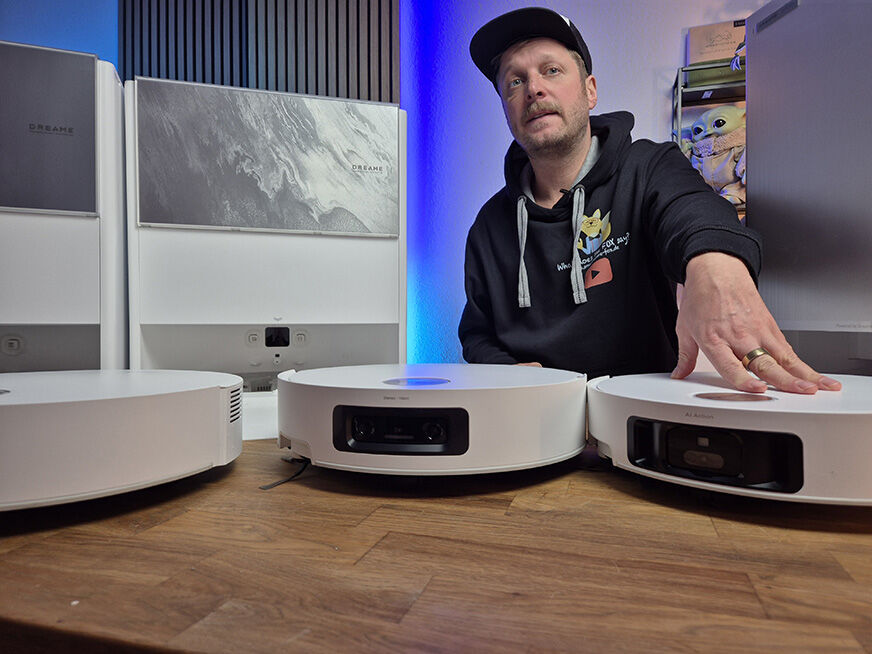 Vergleich der Bauhöhe der Dreame Roboter Aqua10 Roller vs. Track vs. Matrix10 mit eingefahrenem Laserturm.